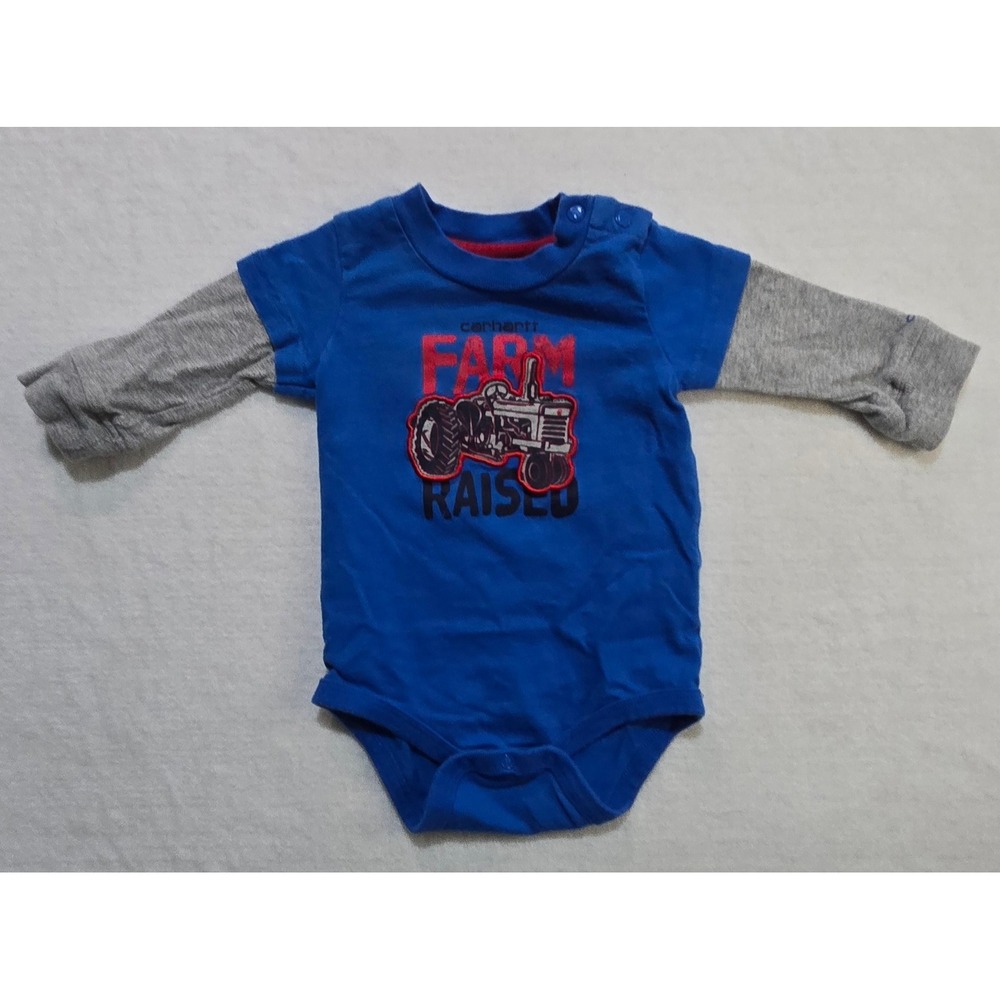 Carhartt Baby‎ Boys 6M Blue Farm Raised Tractor Long Sleeve Onesie Bodysuit